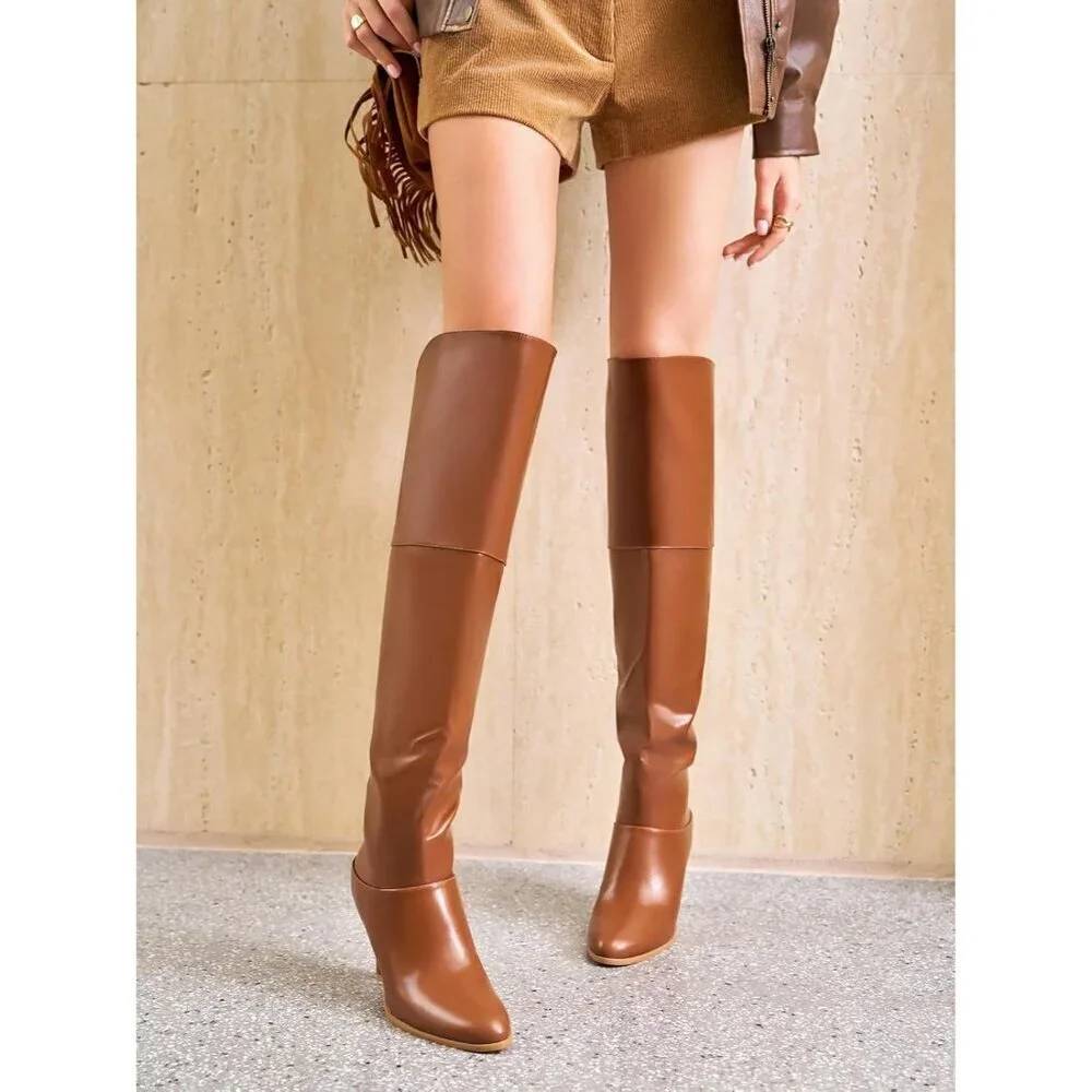 Womens Brown Synthetic Thigh High Pointed Toe Chunky Heel Over the Knee Boots
